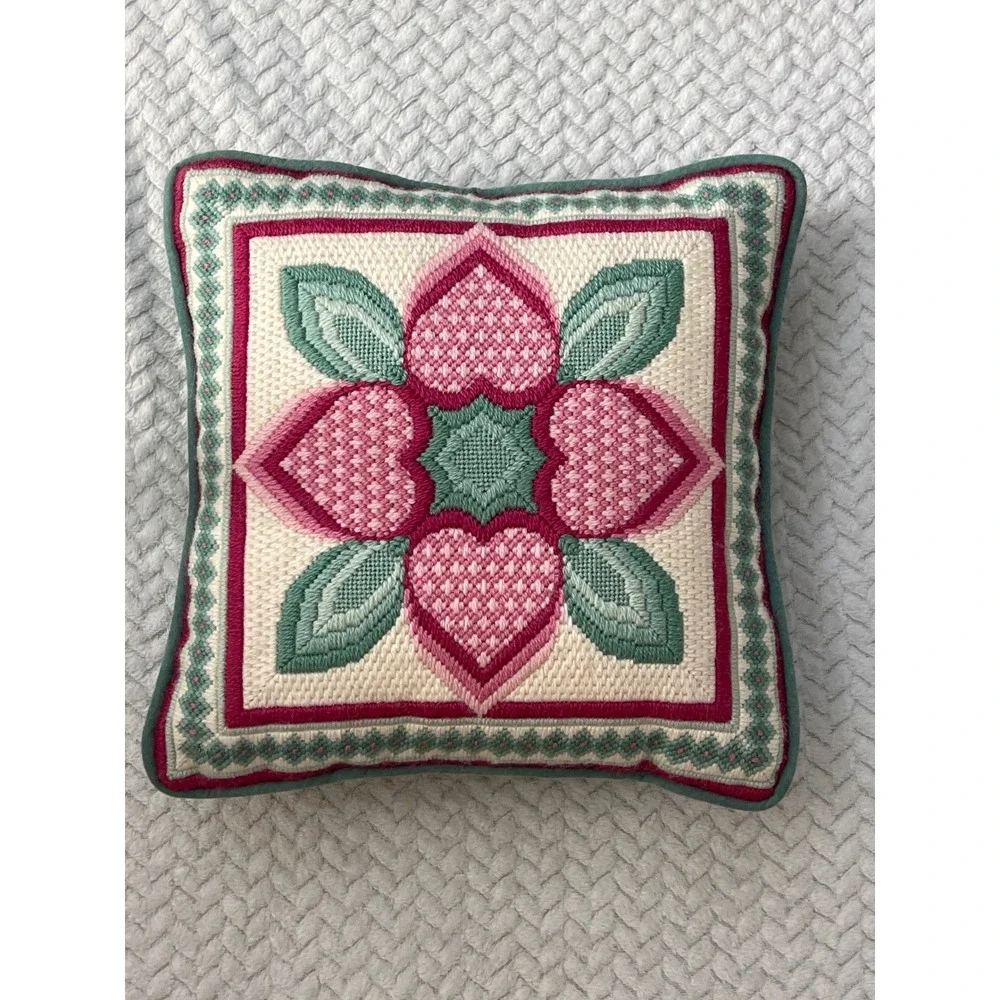 Vintage 90s Crochet Pink Green Floral Decorative Pillow Cottagecore Grannycore
